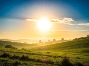 Paisaje de campo con sol brillante al amanecer