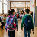 Niños caminando por un pasillo escolar con mochilas.
