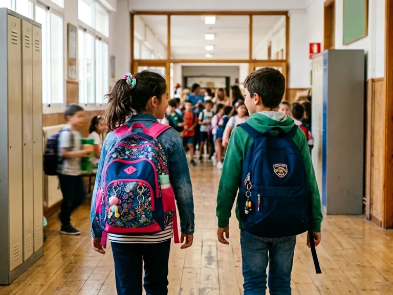 Niños caminando por un pasillo escolar con mochilas.