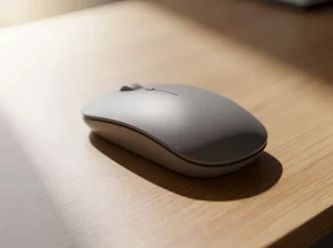 Raton inalámbrico gris sobre una mesa de madera clara