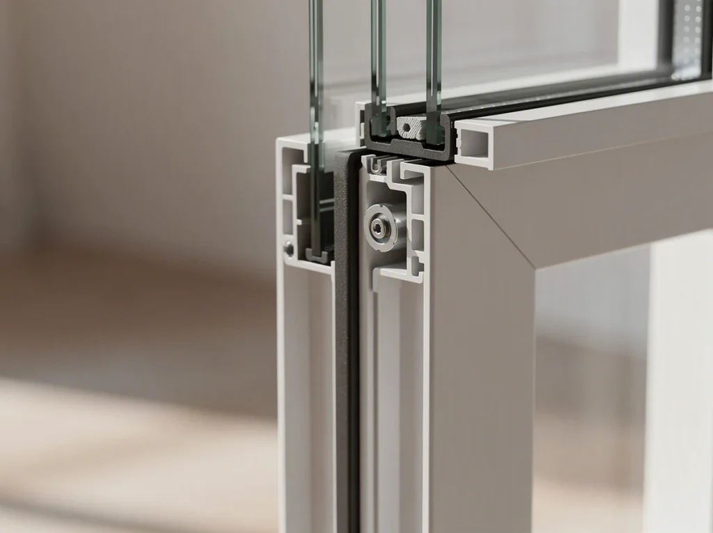 Detalle de un marco de ventana de aluminio en construcción