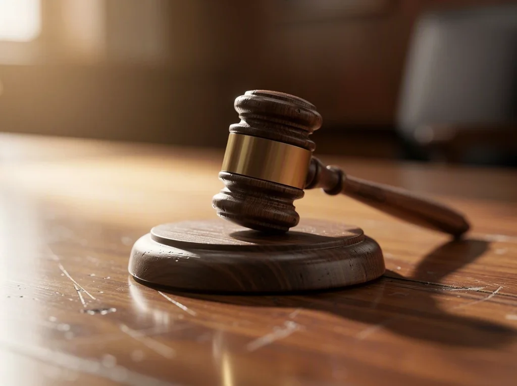 Martillo de juez sobre una mesa de madera en un tribunal