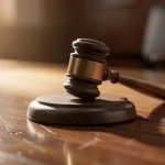 Martillo de juez sobre una mesa de madera en un tribunal