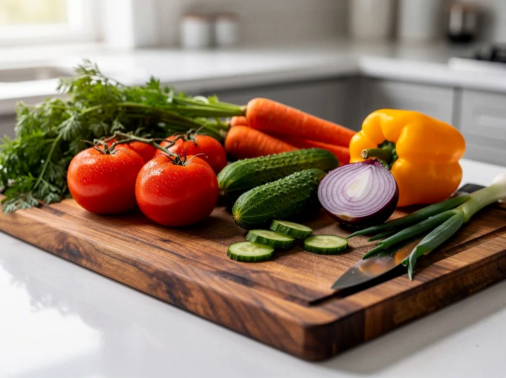 Verduras frescas sobre una tabla de madera: tomates, zanahorias, pepino y pimiento