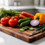 Verduras frescas sobre una tabla de madera: tomates, zanahorias, pepino y pimiento