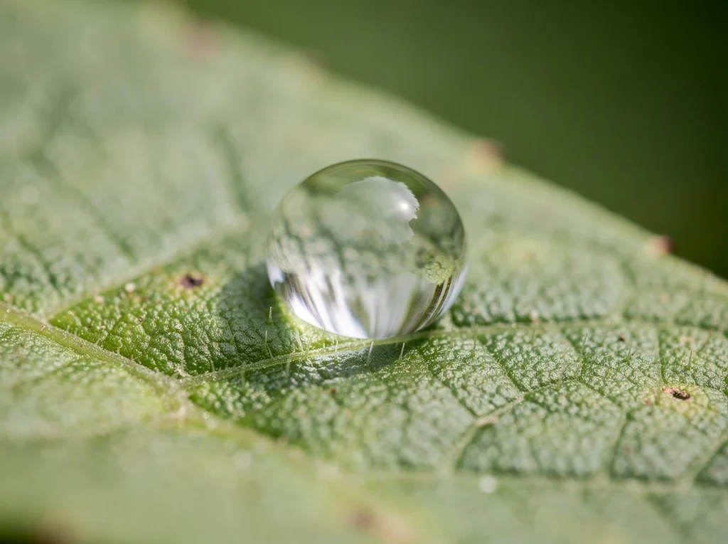 Gota de agua sobre una hoja verde con textura detallada